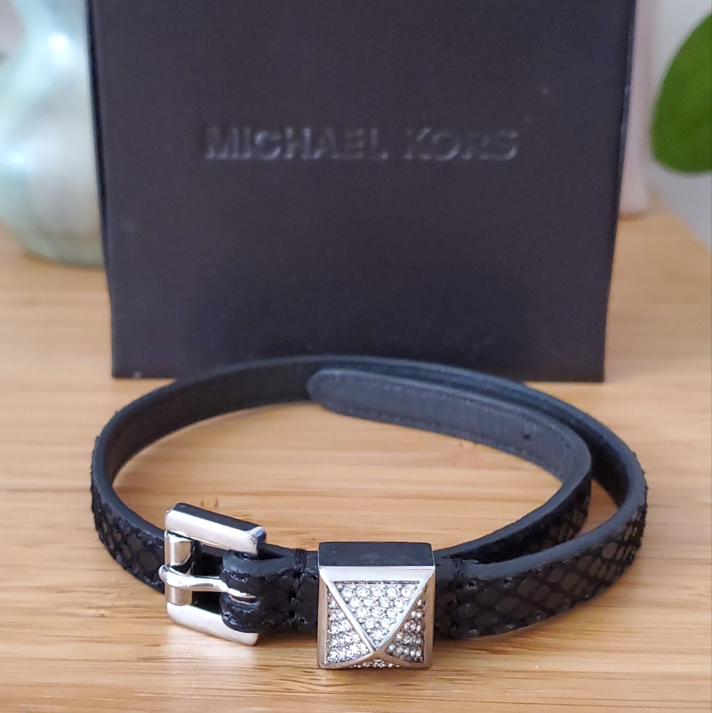 Michael Kors Black Pre-loved Leather Wrap Bracelet with silver accent